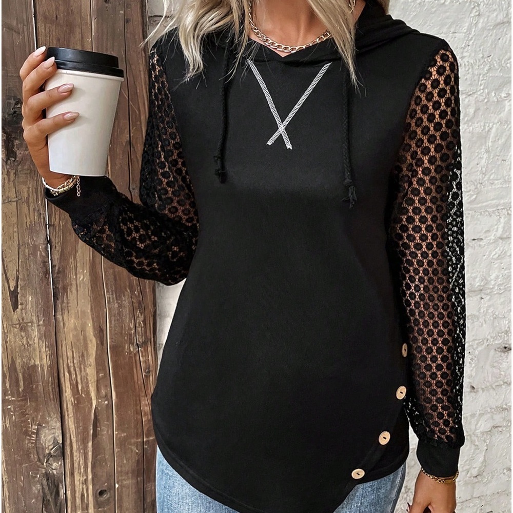Ladies' Lace Spliced Asymmetrical Hem Drawstring Hoodie With Button Details